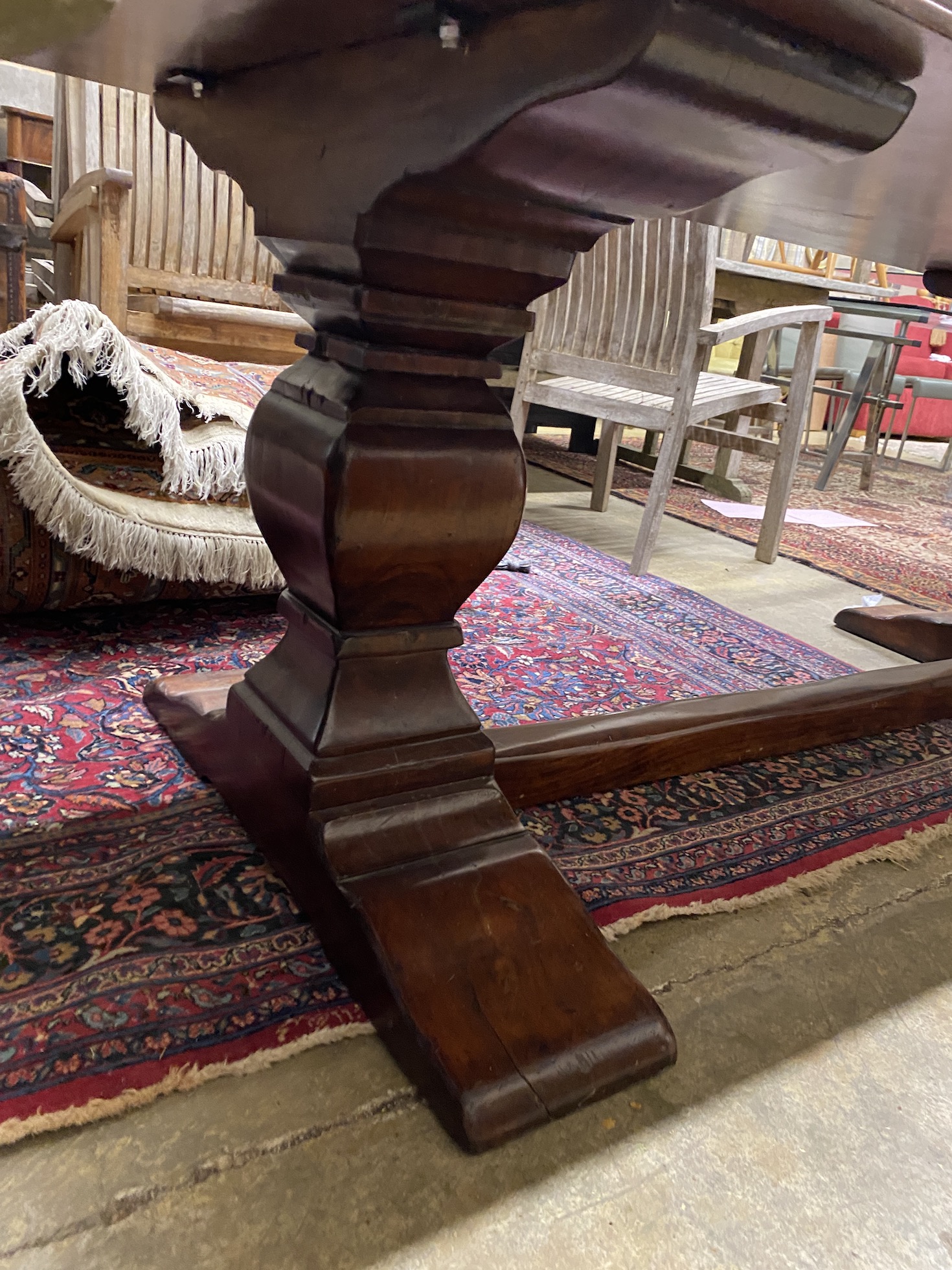 An 18th century style rectangular hardwood refectory dining table, width 214cm, depth 92cm, height 78cm